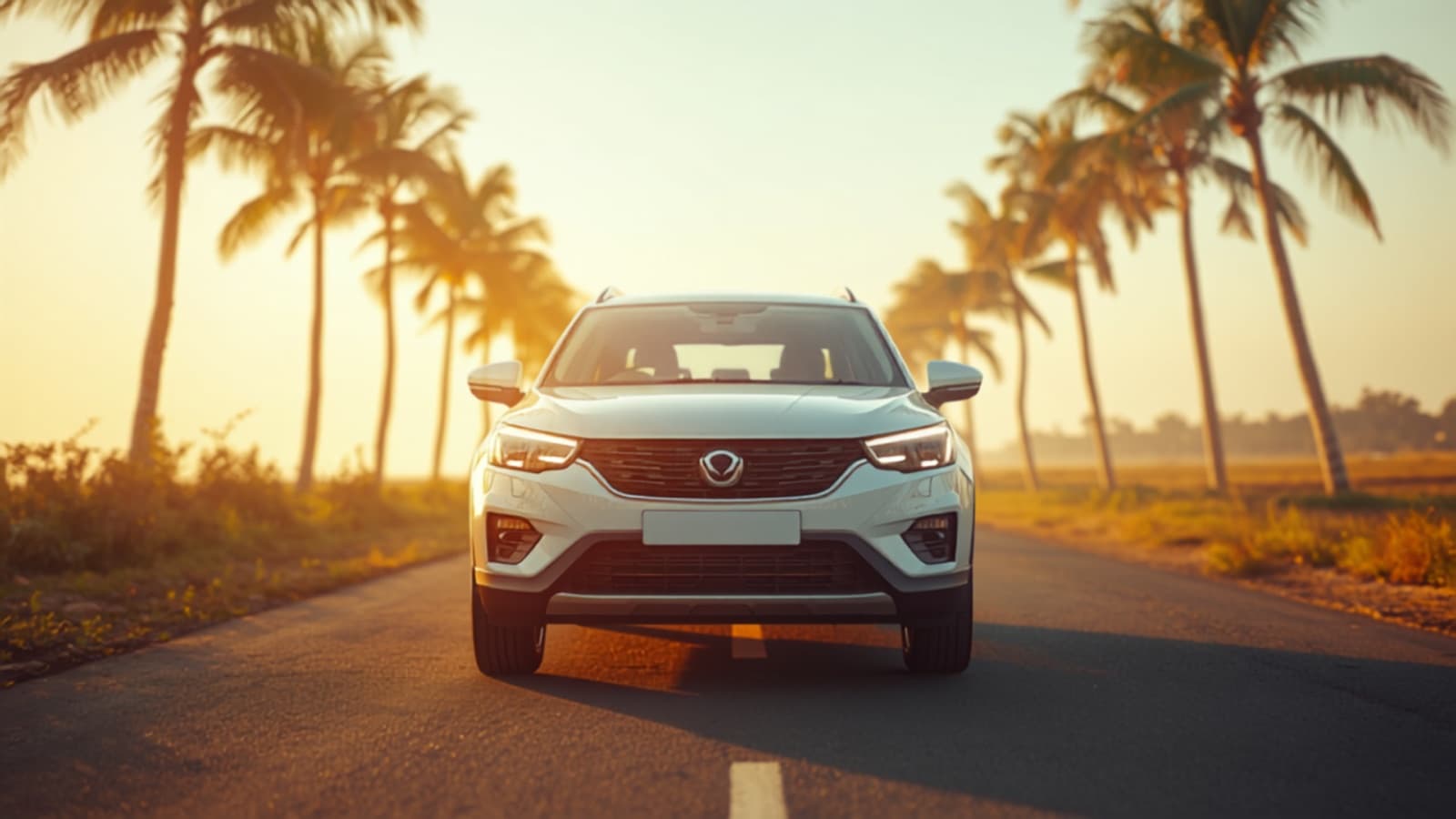 A self-drive rental SUV on a palm-lined coastal road at sunrise